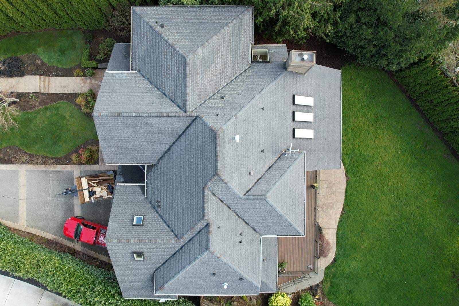 Aerial view of the roof before metal roofing work